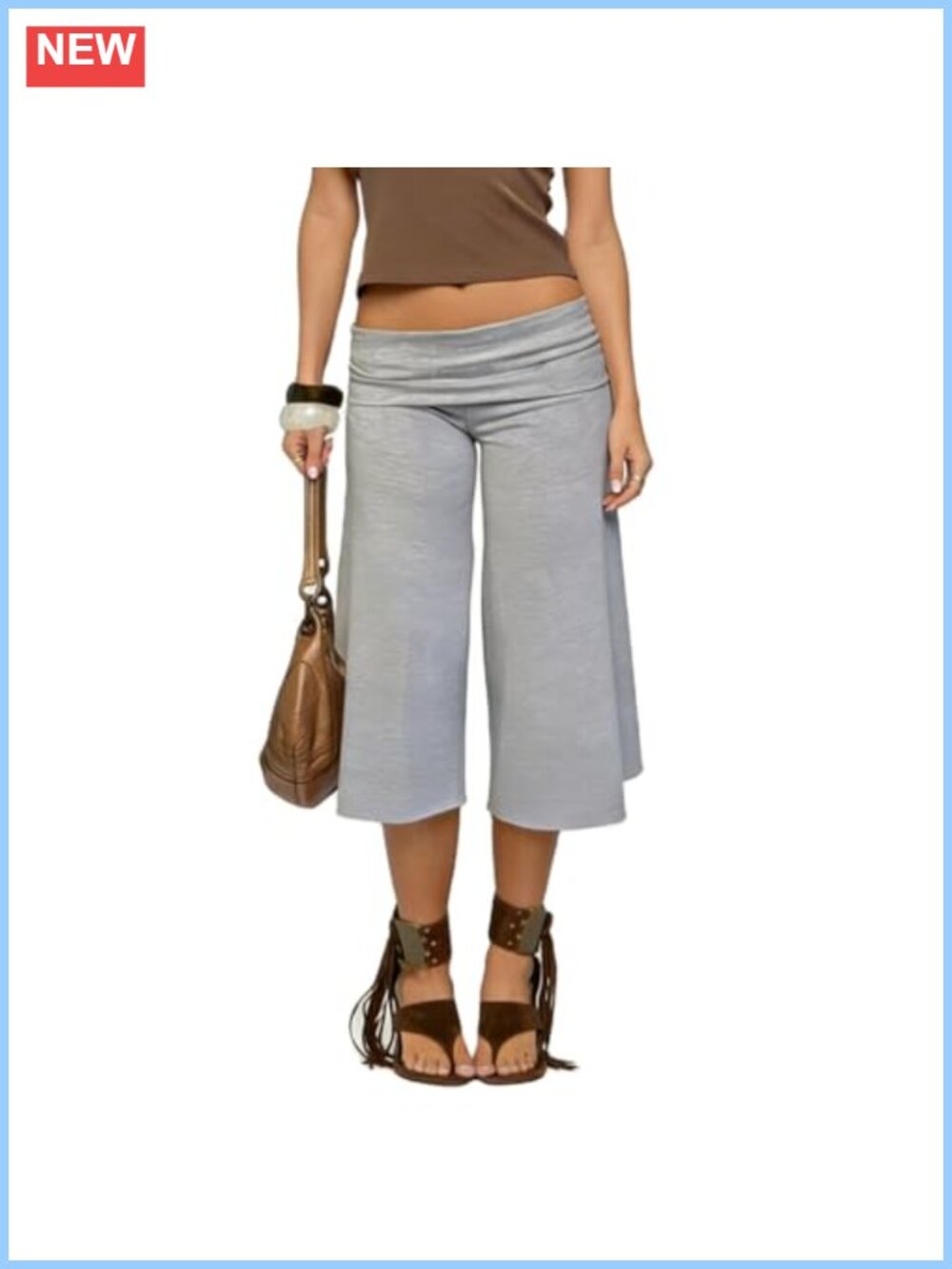Women Gaucho Pants Low Rise Fold Over Waist Capri Casual Wide Leg Crop Pants Y2K